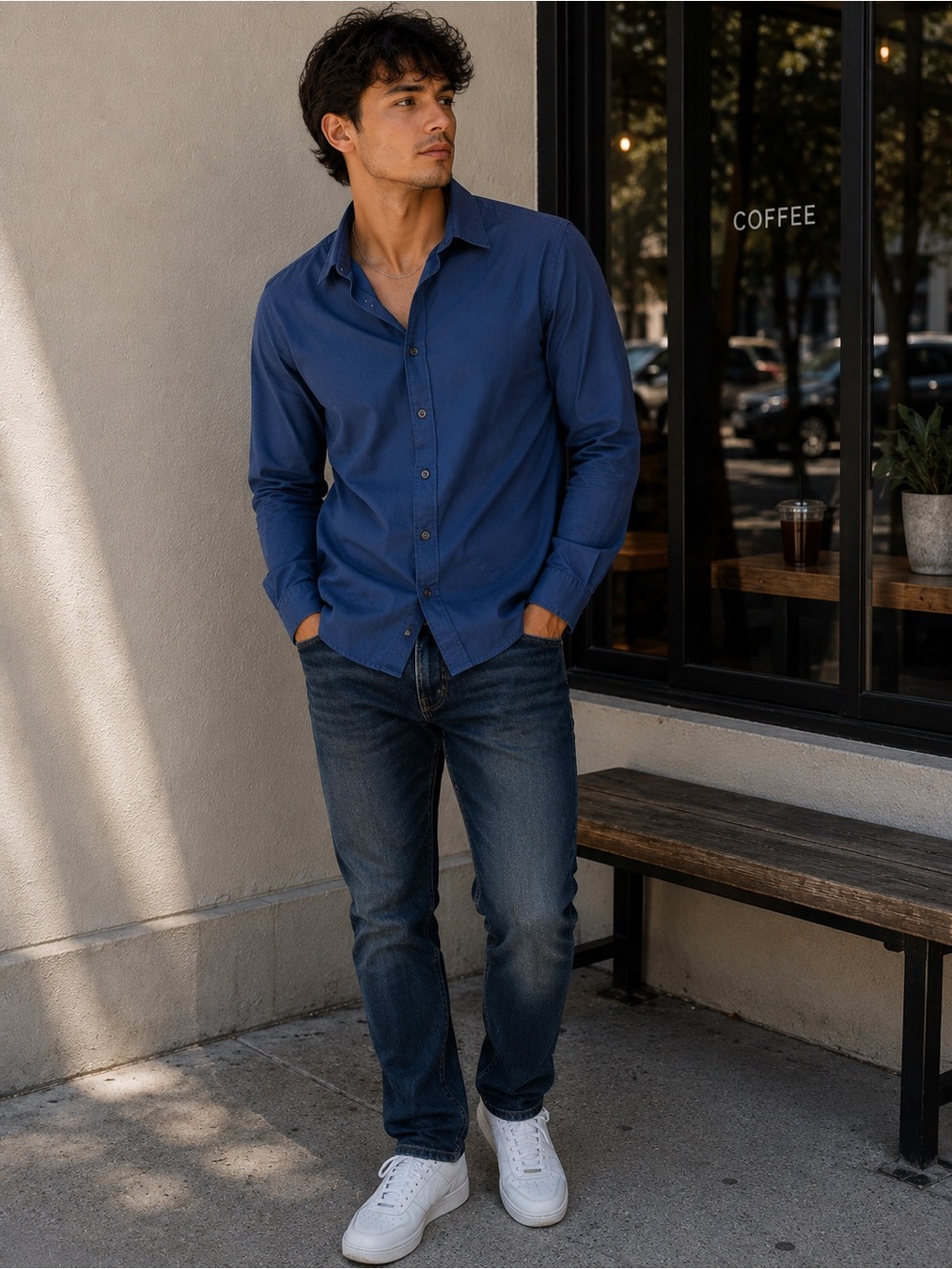 Mix & NY Slim Fit Blue Button Front Dress Shirt Men’s Small Long Sleeve Stretch